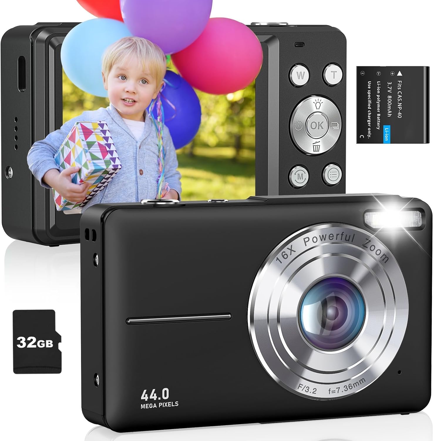 CAMKORY Digital Camera, Macro Photography, 44 Megapixels, Camcorder, Autofocus, AF Image Stabilization, Large Capacity Battery, Ultra Lightweight, School Trips, Students, Beginners, Black