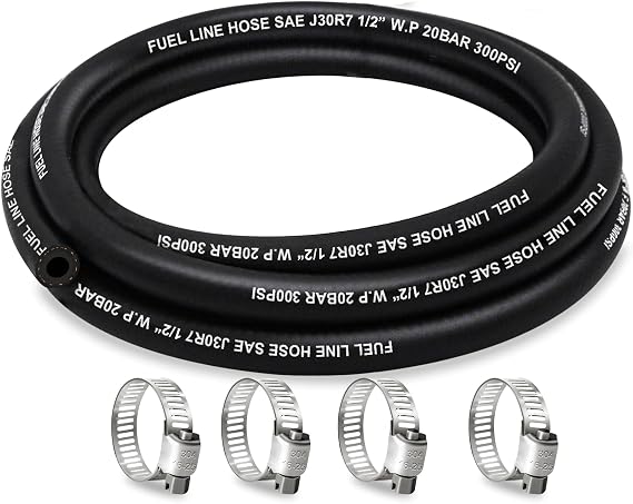 Fuel Line Hose 1/2 Inch ID, 300 psi 5FT Fuel Hose, with 4 Clamps