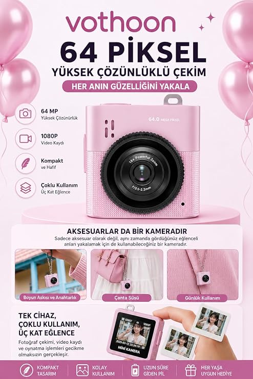 Mini Dijital Kamera 64MP 16x Digital Zoom Retro Vintage 1.4"Ekranlı Video Kamera Taşınabilir Tasarım Pembe
