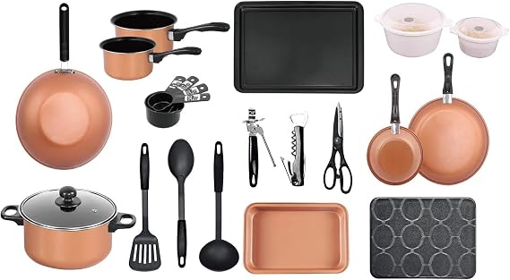 Gr8 Home 21 Piece Copper Student Kitchen Starter Kit Saucepan Utensil Pans Pots Cookware Bakeware Set