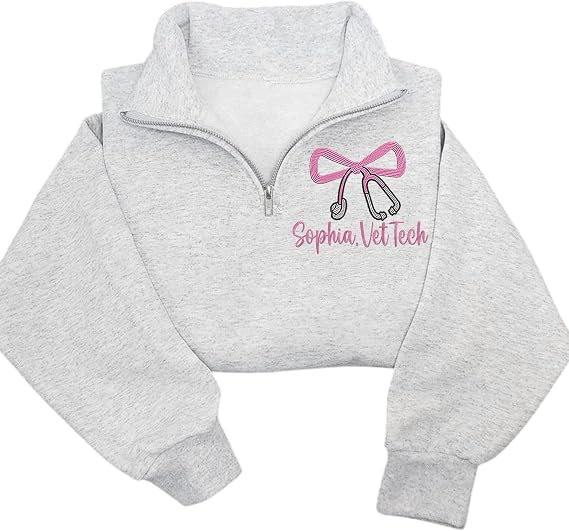 Custom Embroidered Vet Tech Quarter Zip Sweatshirt Personalized Veterinary Technician Pullover Animal Care Nursing Apparel Graduation Gift 2025 Healthcare Worker Appreciation Clothing