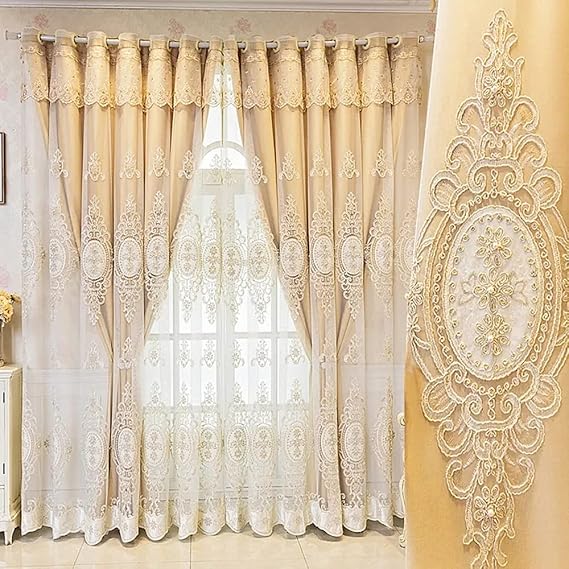 Amidoudou 1 Pair European Double Layer Curtains with Valances for Living Room Bedroom Luxury 3D Flower Embroidered Curtains (Yellow,52x84 Inch)