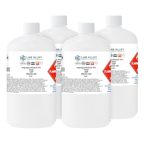 Lab Alley Isopropyl Alcohol 70% USP Grade, Ideal for First Aid and Home Cleaning, Halal - 1 Gallon Total (Pack of 4 x 1 Quart Bottles)