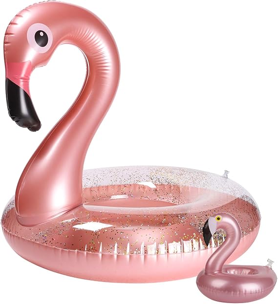 2Pack Inflatable Flamingo Pool Float Flamingo Drink Holder Set | Elegant Vinyl Swimming Floaty Pool Toy with Glitters Outdoor Water Lounge Inflatable Raft with Floating Coasters for Kids