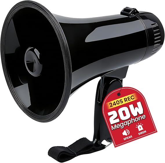 MyMealivos 20W Megaphone Bullhorn, Built in Siren & 240s Recording, 5.4"8.6" Portable Megaphone with Volume Control Cover Up to 300 feet+ for Indoor and Outdoor Activities