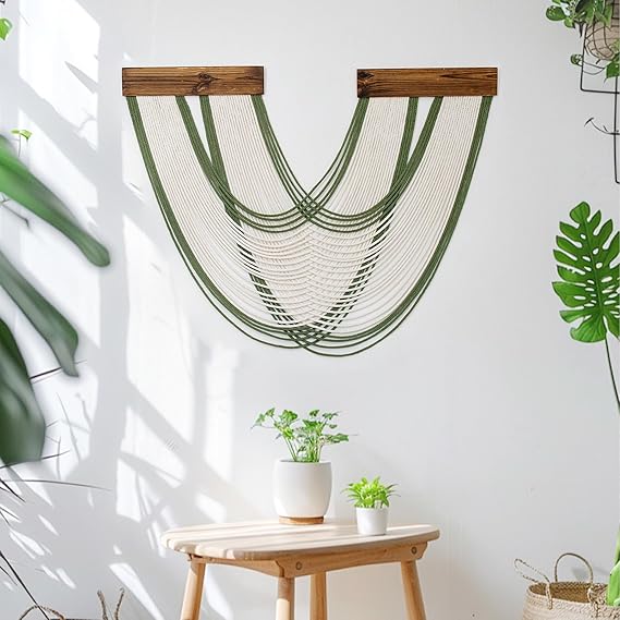 Boho Macrame Wall Hanging Tapestry, Green and White Wall Decor Handmade Macrame Wall Hanging Bohemian Yarn Tapestry Living Room Bedroom Modern Home Decor