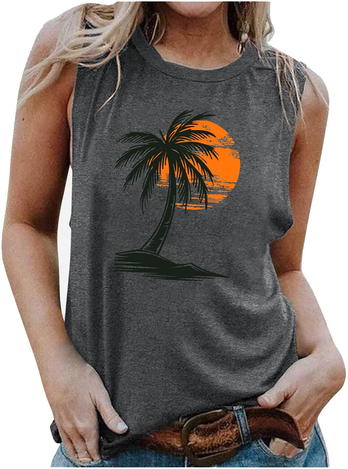 Lastesso Womens Loose Tank Tops Trendy Hawaii Shirts Casual Size Crewneck Sleeveless Tops Relaxed Vacation Beach Clothes