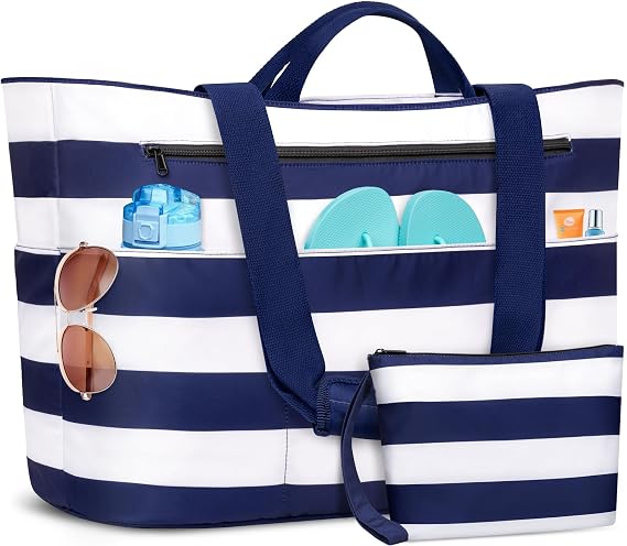 BKNOOU Extra Large Beach Bags Waterproof Sandproof XL Beach Tote Bag for Women Zipper Foldable Swim Pool Bag with Wet Pocket