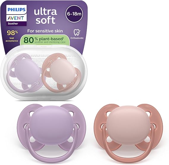 Philips Avent Ultra Soft Soothers - Orthodontic Design, for Babies 6-18 Months, Flexible Shield, Silicone Symmetrical Teat, BPA-Free, with Sterilizing Case, 2 Pack, SCF091/43