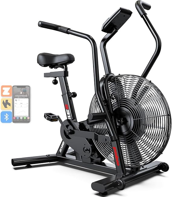 pooboo Air-Resistance Exercise Fan Bike, Air Bike with Dual Acction Handlebars&Dual-Layer Transmission System, Stationary Bike with APP Connection for Home Gym HIIT Cardio Full Body Workout