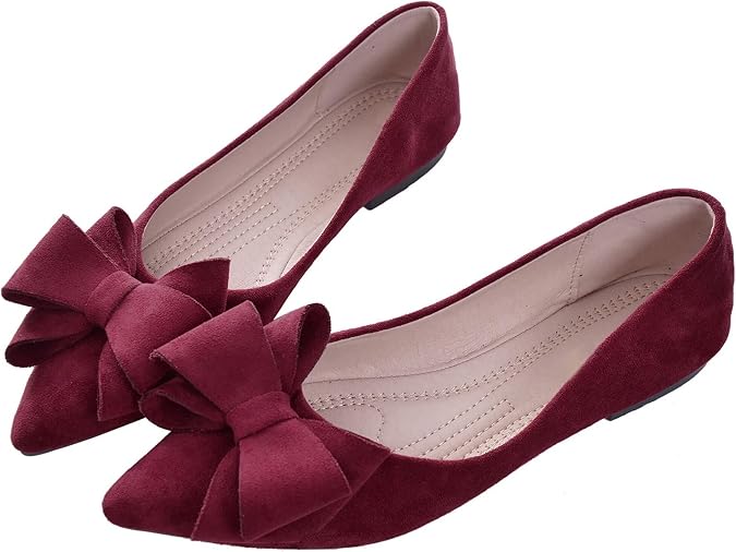 SAILING LU Womens Bowknot Ballet Flats Pointy Toe Suede
