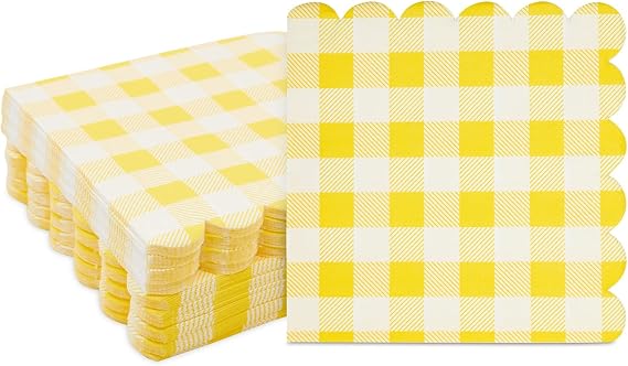 BLUE PANDA Yellow Plaid Paper Napkins for Birthday Party, Wedding - 6.5 x 6.5 Inch - 100 Pack - Yellow Disposable Checked Napkins
