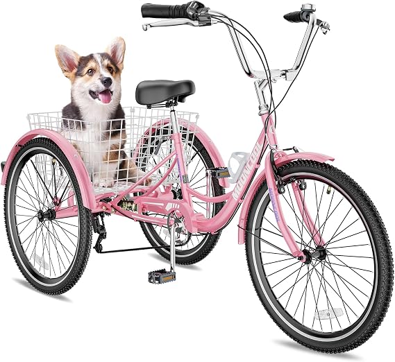 Barbella 20/24/26 inch Adult Tricycle 7 Speed 3 Wheel Bike Adult Trikes, Three-Wheeled Bicycles Cruise Trike with Basket for Seniors, Women, Men for Recreation Shopping, Light Pink