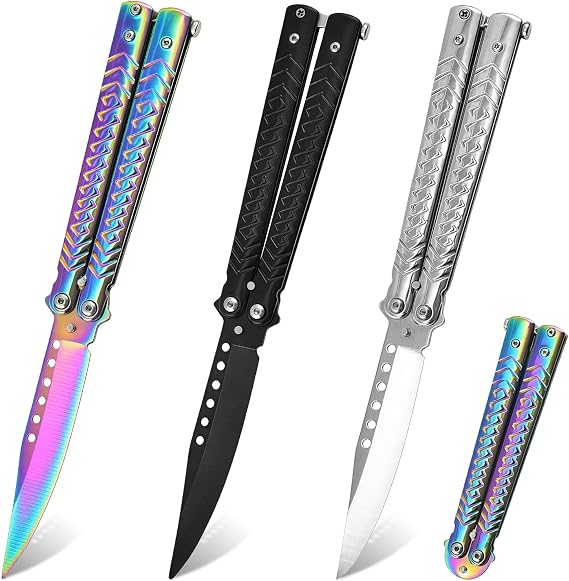 Sporgo Butterfly Knives: Butterfly Trainer Unsharpened Blade Practice Butterfly Comb Stainless Steel Butterfly Knife Trainer for Training Knives Beginners Practises Flipping Tricks (Black + White + Colour)