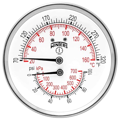 Winters TTD Series Steel Dual Scale Tridicator Thermometer with 2" Stem, 0-100psi/kpa, 3" Dial Display, 3-2-3% Accuracy, 1/2" NPT Back Mount, 70-320 Deg F/C