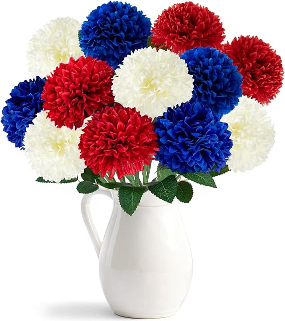 Yunfan 4th of July Decorations Patriotic Decor 12Pcs Artificial Flowers Red White and Blue for Independence Memorial Veterans Labor Fourth of July Home Party Centerpiece Vase