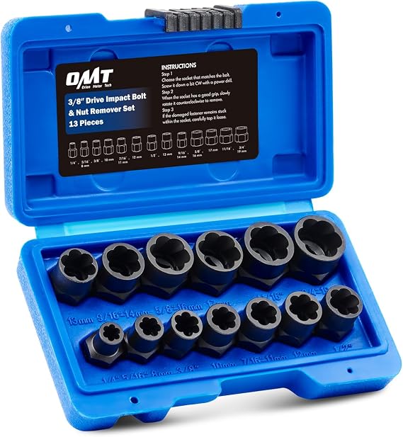 OMT Bolt Extractor Set, 13pc Impact Nut Remover Kit, 3/8 in Drive Metric