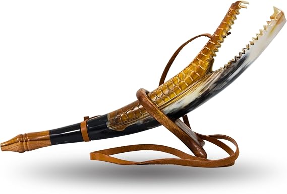 Viking Blowing Bugle with Stand Hand-Carved Ox Horn War Horn with Dragon Head Design and Leather Strap Medieval Cosplay Reenactment Prop for Adults Norse Decor and Historical Gift Item