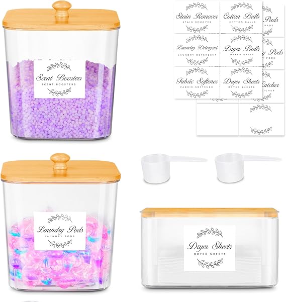 2+1 Pack Laundry Pods Container and Dryer Sheet Holder Set with Bamboo Lid and 16 Labels, Laundry Containers, Clear Laundry Room Organization Containers for Washing Pods, Powder, Scent Booster