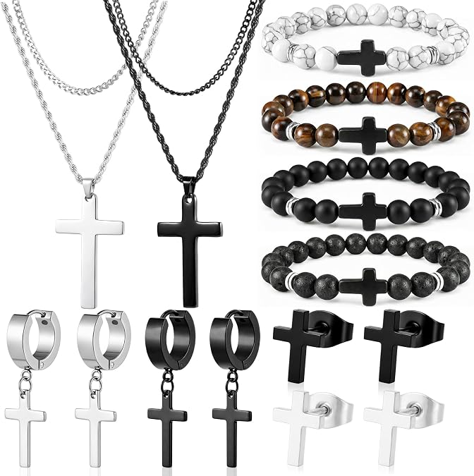 Kigeli 16 Pcs Cross Jewelry Set for Men Gifts Layered Cross Necklace