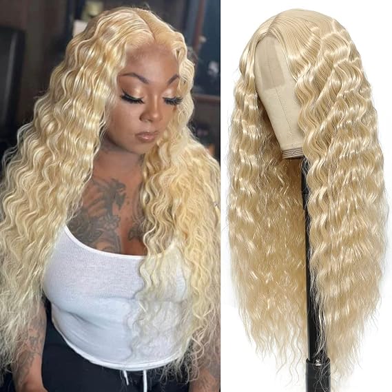 CLIONE 28" Blonde Curly Wig Honey Blonde Synthetic Lace Front Wigs for Women Long Deep Wave Curly Lace Wigs Natural Crimps 4" Fake Scalp, 613#