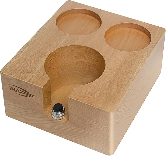 IKAPE Espresso Tamper Holder, 58MM Wood Coffee Tamper Station Base, Natural Wooden Tamp Mat Stand Fit for 58mm Accessories - Can Adjustable Portafilters Stand Height (3 Hole)