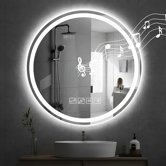 60×60cm Bluetooth Round Bathroom Mirror with Led Lights and Four Touch Switch, Illuminated Wall Mounted Vanity, Anti-fog, 3 Colors Dimmable Light, Demister Mirror with Backlit Lights for Bathroom