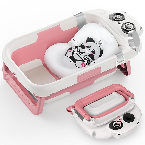 Foldable Baby Bathtub - 0-24M, Thermometer, Soft Cushion (Pink)