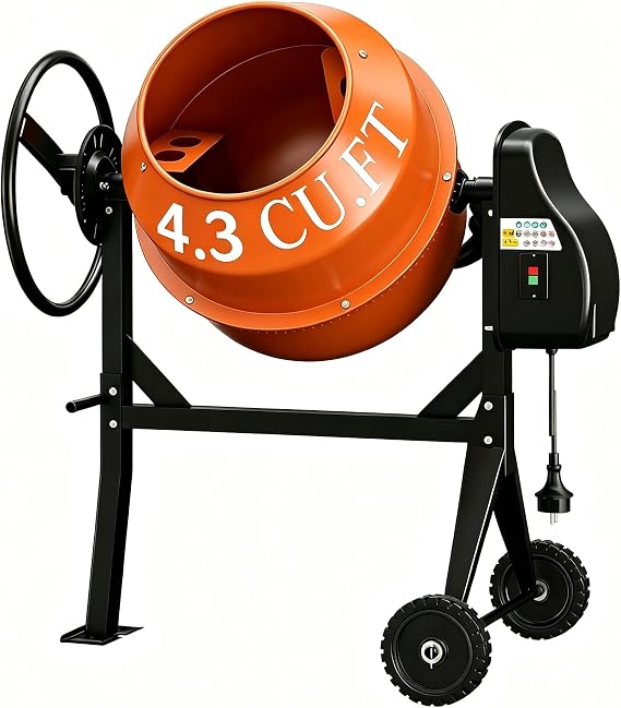 SILVEL Electric Cement Mixer, 4.3 Cu.Ft.450W Portable Concrete Mixer Machine with Wheels & Stand Steel for Stucco, Mortar, Feed Mixing, Farm Use, Orange
