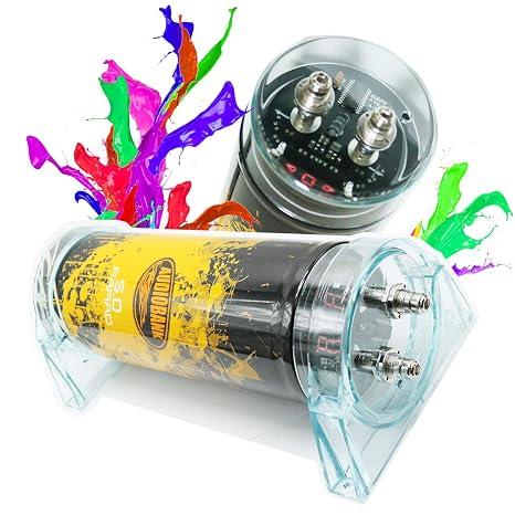 AUDIOBANK AB-5.0 5 Farad Digital Car Audio Capacitor - 12V Power Stabilizer with Red 3-Digit Voltage Display, Chrome-Plated Battery Posts and Lightning LED