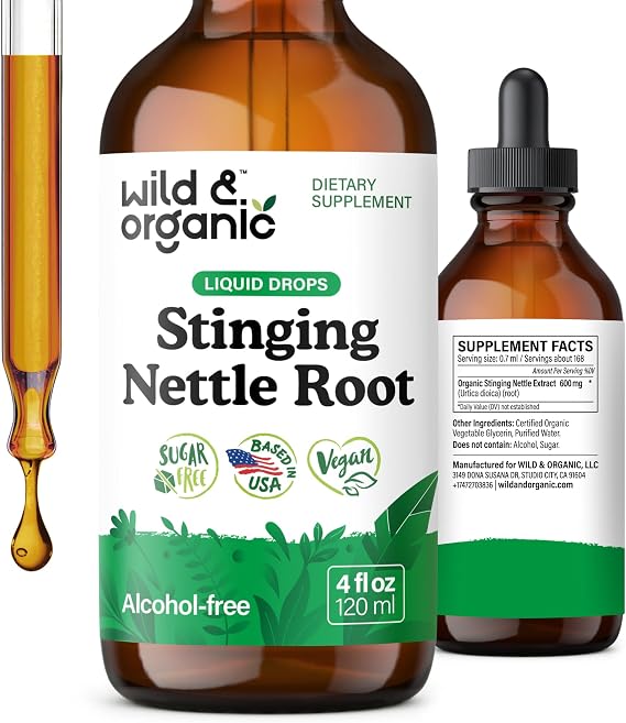 Wild & Organic Stinging Nettle Root Extract Drops - Urinary Support - 4 oz | Stinging Nettle Tincture for Men & Women - Add to Tea - Liquid Urtica Dioica Supplement - Vegan, No Sugar & Alcohol-Free