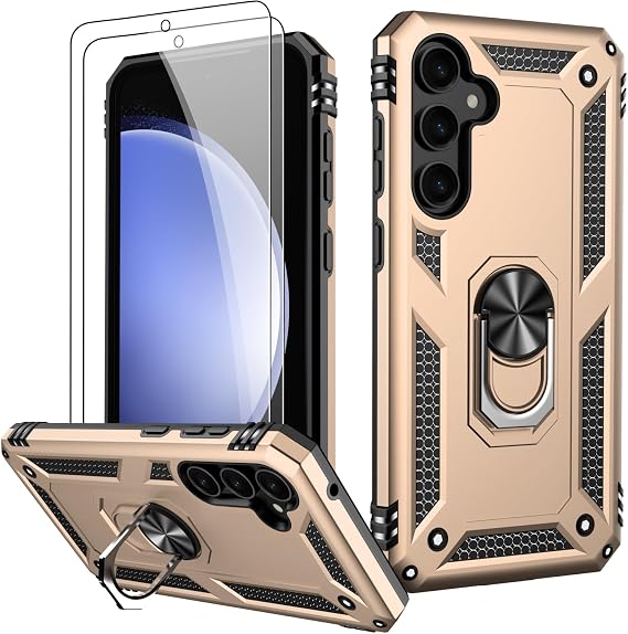 LUMARKE for Galaxy S21 FE Case with Screen Protector,Pass 16ft. Drop Tested Military Grade Protective Phone Cover with Magnetic Ring Kickstand Compatible with Car Mount Holder Gold