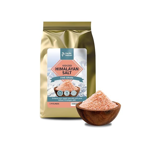 Pacific Pelican Premium Iodized Himalayan Pink Salt | Fine Grain, Unrefined, Pure Rock Salt | 3 Pounds | 100% Natural & Organic for Cooking, Seasoning & Wellness (Pack of 1)