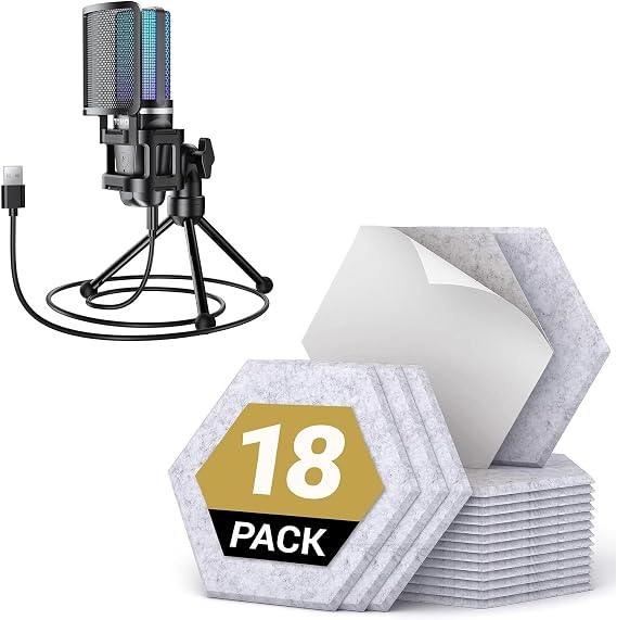 TONOR TC777 Pro Gaming USB Microphone for PC and 18 Pack Hexagon Acoustic Panels, Computer Cardioid Condenser PC Gaming Mic with 12"x 10"x 0.4" High Density Sound Proof Panels for Walls