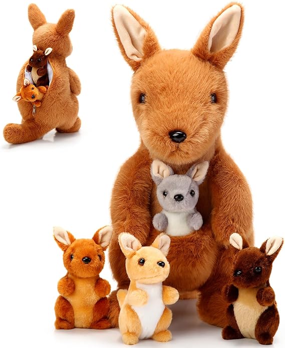 Arrowbash 5 Pcs Kangaroo Stuffed Animals, 12 Inch Mommy Stuffed Kangaroo Plush Toy with 4 Babies Insides, Kangaroos with Joey Plush Toys and Pouch for Kids Birthday Gift Easter Party Favors(Brown)
