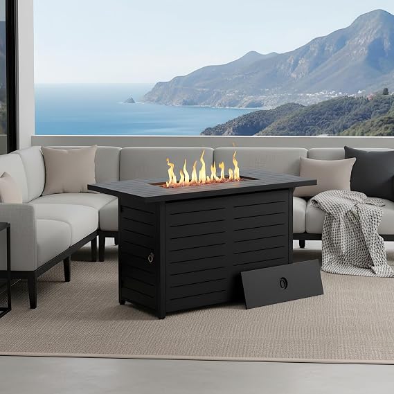 Mazatzal 42 Inch Propane Fire Pit Table, 60,000 BTU Outdoor Tabletop Fire Pit with Lid, Weather Cover, Lava Rock, Rectangular Steel Gas Fire Pit for Outside, Patio, Backyard, CSA-Certified, Black