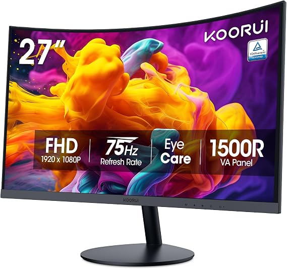 KOORUI 27 Inch Curved Monitor FHD 1080P 75Hz Computer Monitors, 1500R PC Screen with HDMI VGA, TUV Rheinland Certified, Tilt Adjustable,1500R, Eye Care, Black, 27N5CA