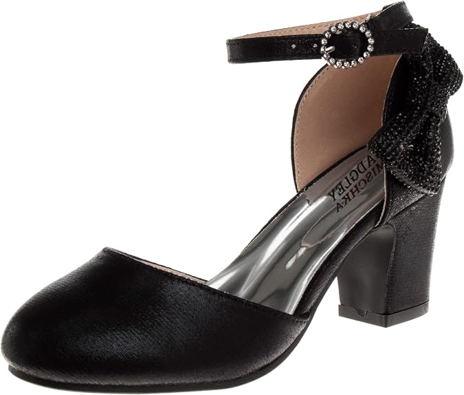 Badgley Mischka Girls Dress Shoes - Kids High Heel Pumps Slip-On Party Block Closed Toe Sandal Satin with Bow (Little Kid/Big Kid) (Black/White/Red/Pink)