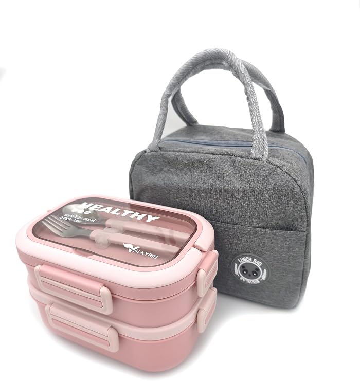 Valkyrie 304 Çelik Bölmeli Lunch Box Seti | Termal Çantalı, Bölmeli, Çatal Kaşıklı, Sızdırmaz Yemek Kabı Pembe