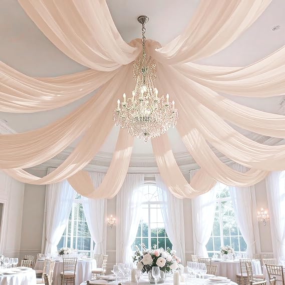 Wedding Arch Draping Fabric 5FTx20FT 2 Panels Ceiling Drapes Champagne Party Decorations Chiffon Backdrop Swag Curtains Sheer Fabric Wedding Arch Drapery Ceiling Tent Drape Decor for Altar Stage