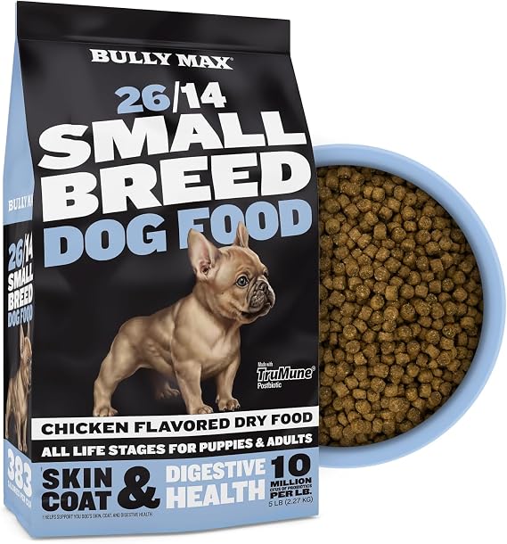 Bully Max 26/14 Small Breed Dry Dog Food for Skin, Coat & Sensitive Stomach - Natural Chicken & Rice Soft Kibble Bites for Puppies & Adult Dogs - French Bulldog, Frenchie, Mini Breed Puppy Food, 5lb.