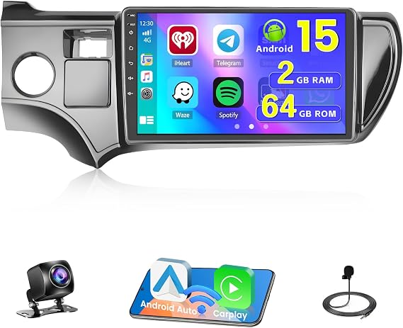 2+64G Hikity Android 15 Car Stereo for Toyota Prius C 2012-2014 9 Inch Touch Screen Car Radio Wireless CarPlay Android Auto GPS Navigation Mirror Link WiFi BT DSP
