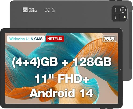 AGM PAD T1 11-Inch Android 14 Tablet, 1920*1200 FHD+ IPS Display, T606, Widevine L1 & GMS Certified, 8(4+4)GB + 128GB[TF 1TB], 7000mAh, GPS, OTG, BT5.0, w/Protective Case & Screen Protector, WiFi Only