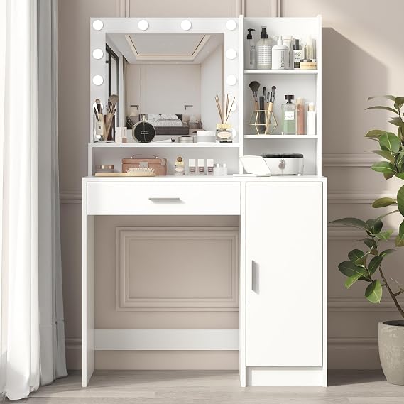 Vanity Desk with Mirror and Lights,Makeup vanities,Dressing Table with Drawers, Adjustable Colour and Brightness Lighting, Ample Storage Space, an Exquisite Vanity Area,for The Bedroom