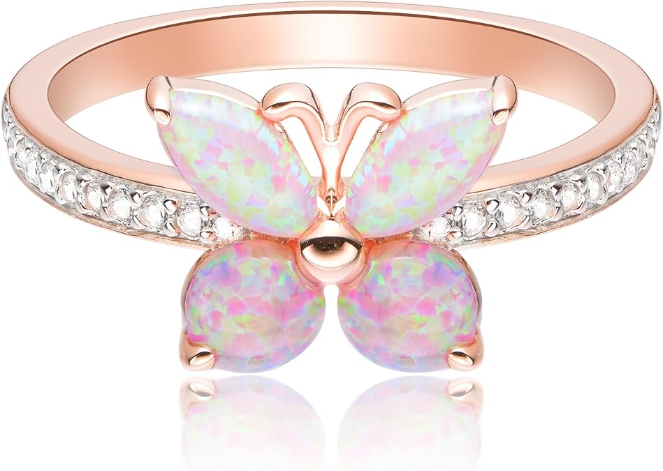 MORGAN & PAIGE .925 Sterling Silver 14K Rose Gold Plated Pink Opal and Lab Created Sapphire Butterfly Statement Ring - Sparkling Pave Band Sterling Silver Rings Women Eye Motif Centerpiece, Size 5-9