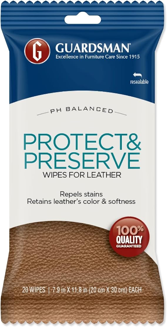Guardsman Protect & Preserve Wipes For Leather 20 Wipes - Repels Stains, Retains Color and Softness, Great for Leather Furniture & Car Interiors - 470600
