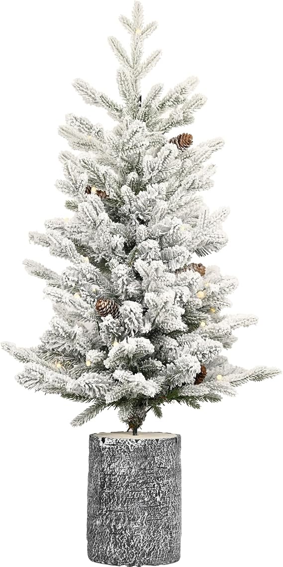 4.5FT Pre-lit Potted Snow Flocked Christmas Tree, Frosted Artificial Christmas Tree with 150 Warm White LED Lights, 720 PE/PVC Branch Tips and 19 Pinecones for Holiday Decoration