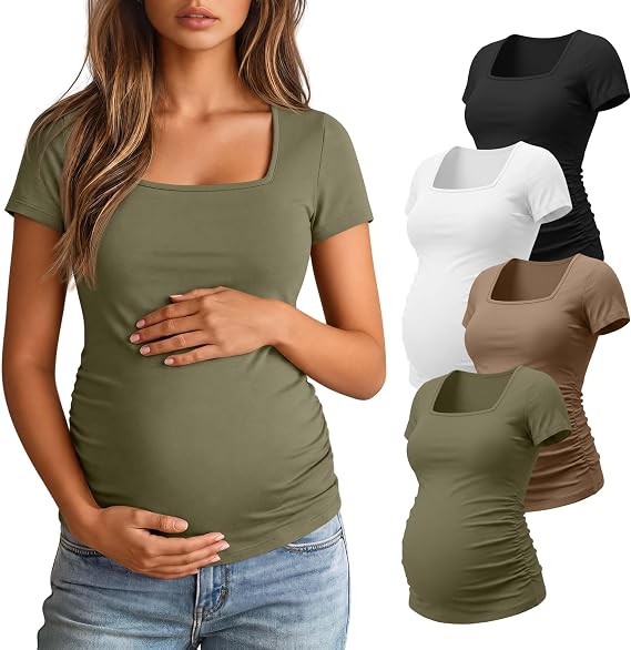 4 Pack Women's Maternity Shirts Cotton Square Neck Pregnancy Tops Side Ruched Summer Short Sleeve Tees Multipack