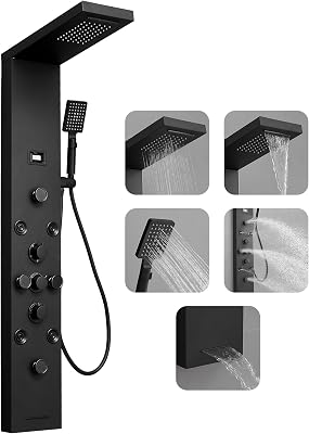 Homevacious 5 IN 1 Shower Panel Stainless Steel Shower Tower Panel System Matte Black Rainfall Waterfall Shower Head with Handheld Shower Massage Body Jets with Tub Spout Shower System