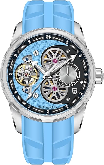 Pagani Design Men's Automatic Mechanical Watch Skeleton Dial Sport Watch with Fluorine Rubber Strap, Synthetic Sapphire Glass, Luxury Automatic Wristwatch for Men,Automatic Calendar
